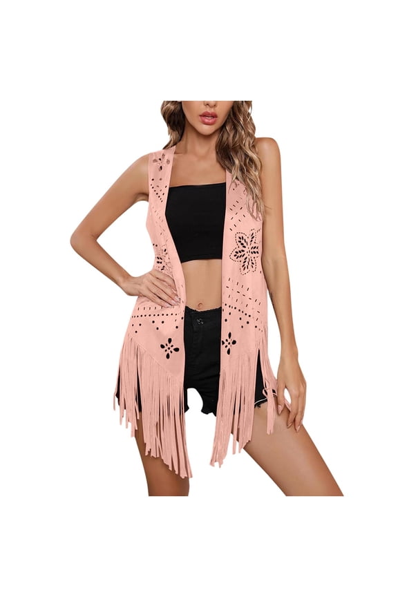 Suede Womens Coats Pink Cheeky Open Front Cutout Vest Sleeveless Frayed Hem Dressy Outerwear Jackets for Women L
