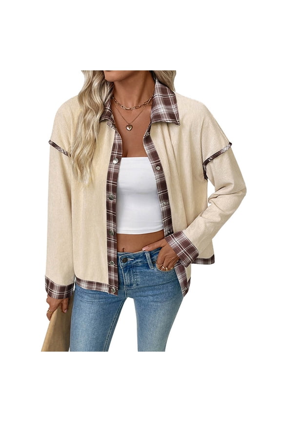 Suit Women's Coats Button Workout Beige Shacket Lapel Collar Plaid Patchwork Jackets Jacket for Women L