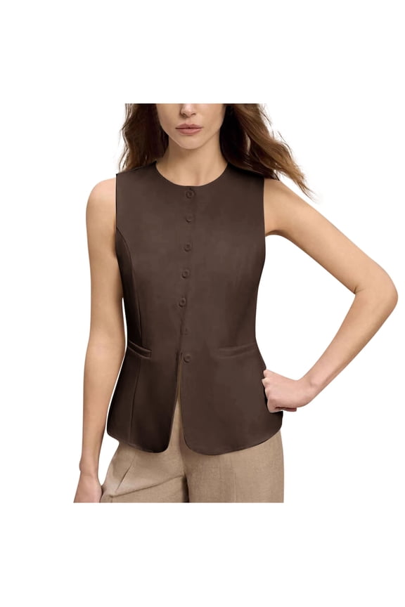 Suit Women's Coats Workout Blazer Brown Vest Fashion Button up Sleeveless Waistcoat Shackets for Women 2025 M
