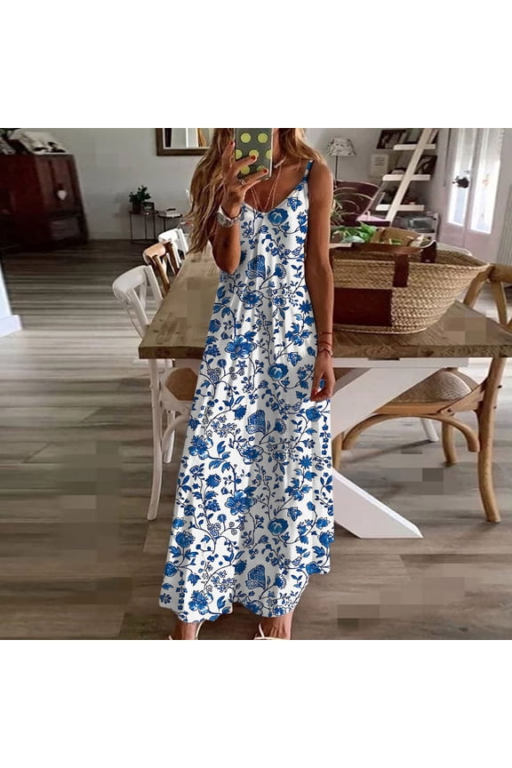 Summer Beach Dresses for Women Floral Sleeveless Long Maxi Dress Casual Strappy V Neck Hawaiian Luau Dress