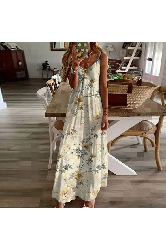Summer Beach Dresses for Women Floral Sleeveless Long Maxi Dress Casual Strappy V Neck Hawaiian Luau Dress