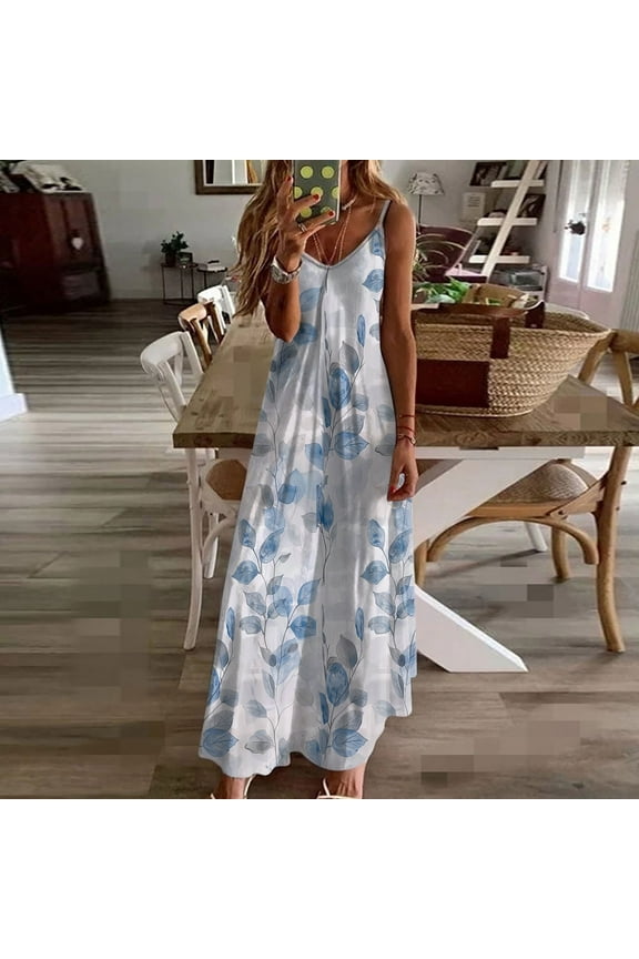 Summer Beach Dresses for Women Floral Sleeveless Long Maxi Dress Casual Strappy V Neck Hawaiian Luau Dress