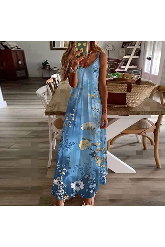Summer Beach Dresses for Women Floral Sleeveless Long Maxi Dress Casual Strappy V Neck Hawaiian Luau Dress