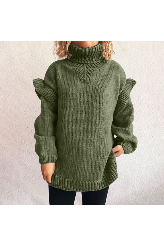 Sweaters for Women 2025 Long Long Sleeve Green Turtleneck Winter Ruffle Oversized Sweaters Womens Sweaters L