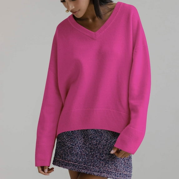 Amidoa Sweaters for Women Elegant Pink Long Sleeve V-Neck Solid Loose Workout Sweaters Womens Cardigan Sweaters S