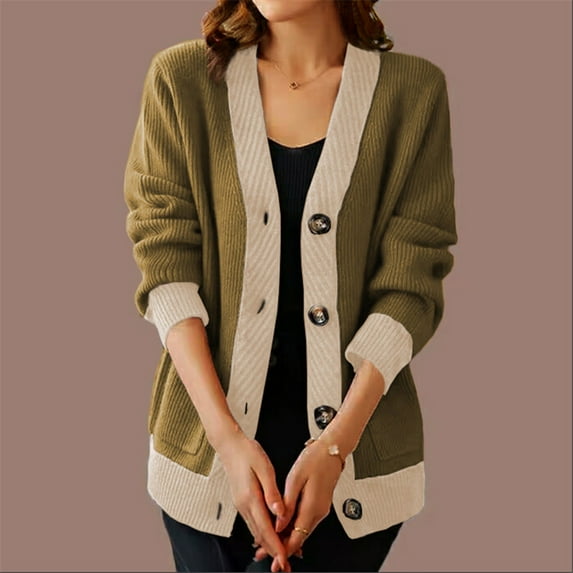 Amidoa Sweaters for Women Long Sleeve Cardigan Button up Knit Colorblock Winter Oversized Cardigans Womens Cardigans XL