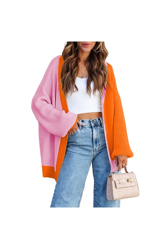 Sweaters for Women Orange Long Sleeve Cardigan Plus Size Colorblock Open Front Knit Cardigans for Women L