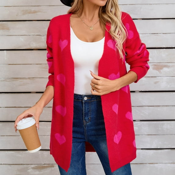 Amidoa Sweaters for Women Valentines Long Sleeve Cardigan Pink Long Heart Pockets Knit Cardigans Womens Cardigans M