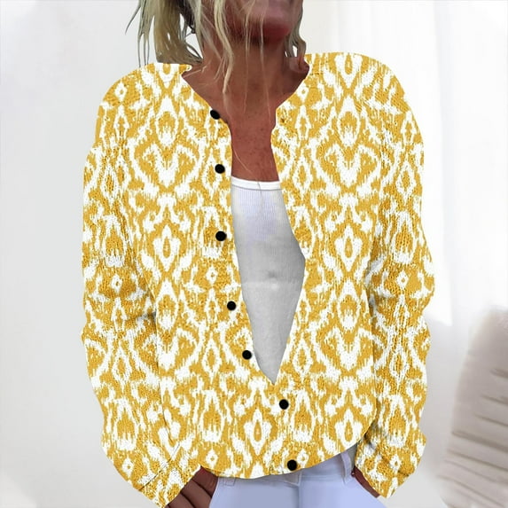 Amidoa Sweaters for Women Yellow Button up Long Sleeve Cardigan Knit Retro Graphic Cardigans Women's Cardigans XXXXL