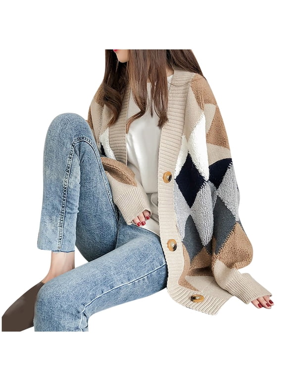 Sweaters for Women Yellow Long Sleeve Cardigan Button up Winter Oversized Argyle Cardigans for Women Free Size