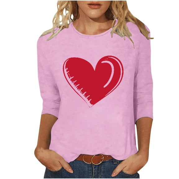Amidoa Teacher Womans Tops 3/4 Sleeve Comfy Valentines Pink Blouses Light Weight Love Heart Outfits Womens Blouses S