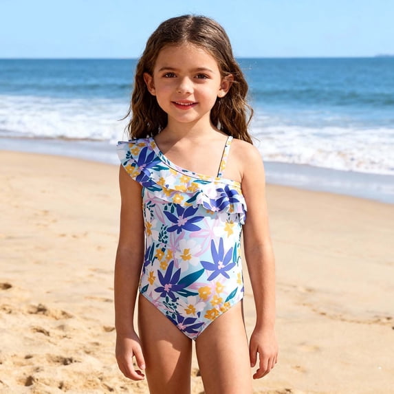 Amidoa Thin Straps Girls Swimsuit One Piece Bathing Suit Floral Print Beach Summer Swimwear,Purple,5 Years