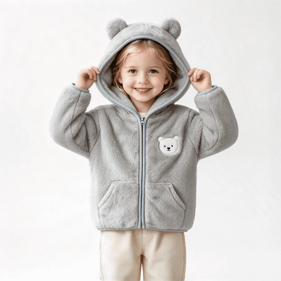 Amidoa Toddler Baby Girls Fleece Jackets with Hood Casual Warm Full Zip Cute Kids Winter Coat Gray 6 T