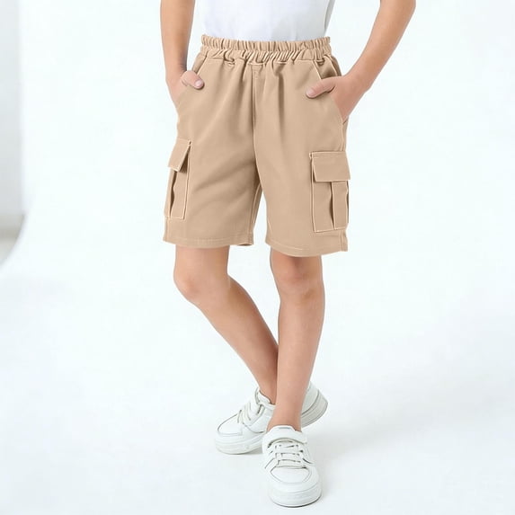 Amidoa Toddler Boys Cargo Shorts- Baggy Cotton Casual Elastic Waist Kids Summer Shorts Khaki Size 5 T