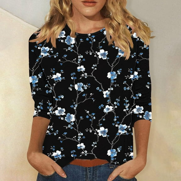 Amidoa Tops for Women 3/4 Sleeve Plus Size Floral Crewneck Graphic Tees Womens Shirts L