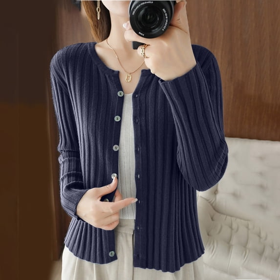 Amidoa Trendy Sweaters for Women 2025 Blue Cardigan Long Sleeve Button up Light Knit Solid Cardigans Womens Cardigans L