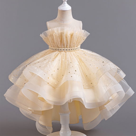 Amidoa Tulle Girls Tutu Dresses Dresses Sequins Sequins Floral Print Sundress Casual Sleeveless Summer Dress,Beige,9-10Years