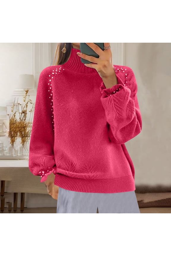Turtleneck Sweater Tops for Women Red Ruffle Long Sleeve Knit Solid Elegant Sweaters Womens Cardigans L