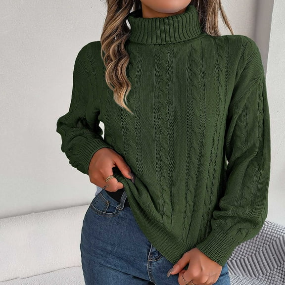 Amidoa Turtleneck Sweaters for Women Green Long Sleeve Cable Knit Lightweight Pullover Sweaters Cardigans for Women L