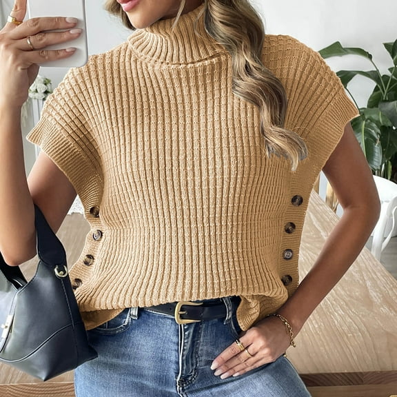 Amidoa Turtleneck Sweaters for Women Yellow Short Sleeve Knit Buttons Light Sweater Vests Womens Cardigans Free Size