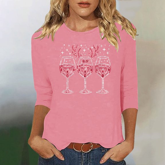 Amidoa Ugly Christmas Womens Tops Trendy Funny Pink 3/4 Sleeve Blouses Graphic Boat Neck T-Shirt Women Shirts S