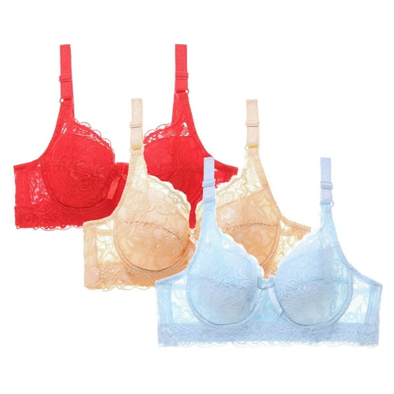 Amidoa Underwire Bras for Women Push-up Lace Solid 3 Pcs Bras Bralettes for Women XXL