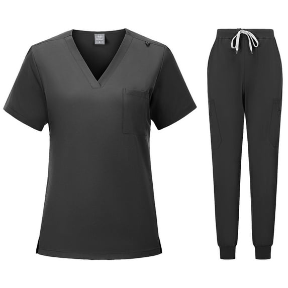 Amidoa V-Neck Scrub Sets for Women Joggers Black Uniform Drawstring Elastic Waist 3 Pockets Sets for Women XXL