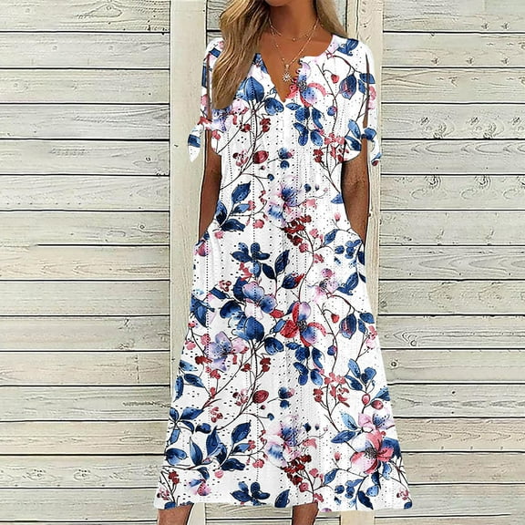 Amidoa V-Neck Spring Woman Dresses Off the Shoulder Short Sleeve Smocked Ruffled Cutout Sundress Woman Dresses for Church