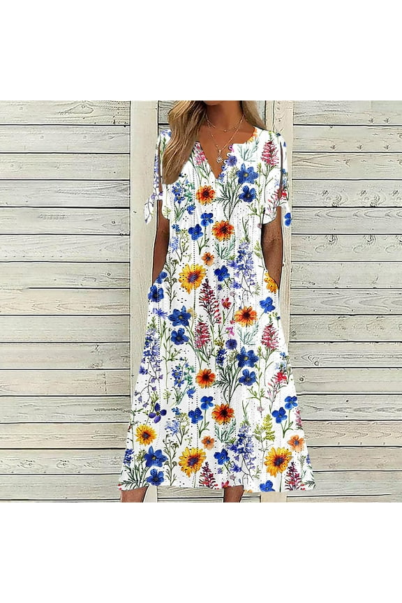 V-Neck Woman Dresses Spring Short Sleeve Off the Shoulder Ruffled Cutout Smocked Sundress Sun Dresses Woman