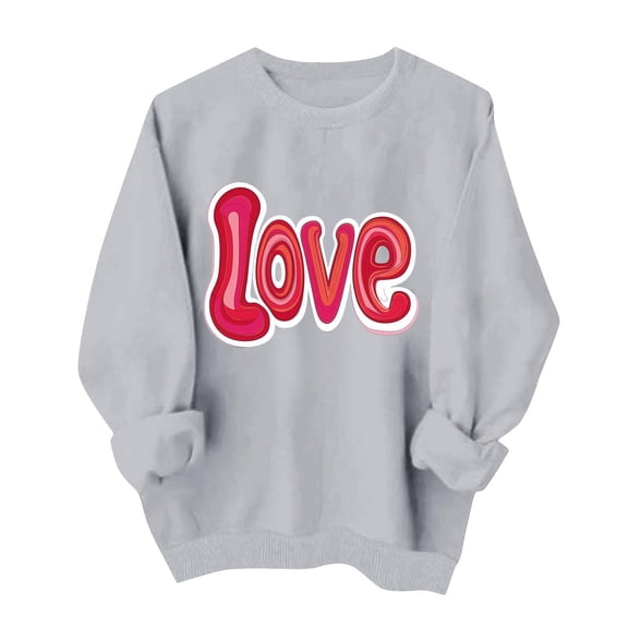 Amidoa Valentines Day Ladies Tops Gray Winter Cute Long Sleeve Sweatshirts Casual Oversized Heart Tshirts Womens Tees S
