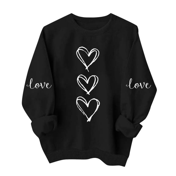 Amidoa Valentines Day Women's Tops Cute Winter Long Sleeve Black Sweatshirts Oversized Heart Funny TShirts for Women XL