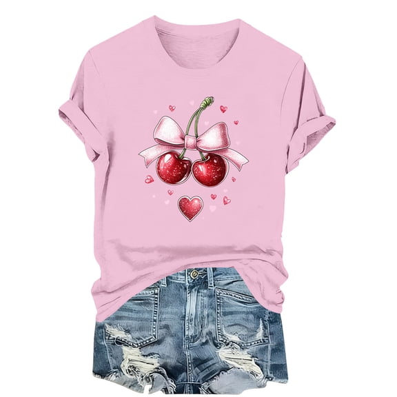 Amidoa Valentines Day Womens Tops Pink Short Sleeve Bow Summer Tees Holiday Heart Basic Tshirts Shirts for Women S