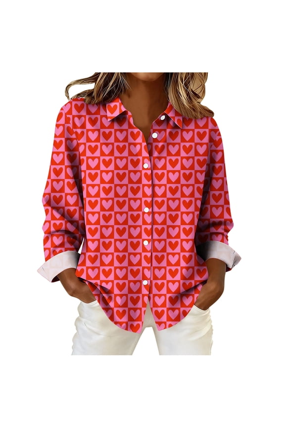 Valentines Tops for Women 2025 Button Down Red Business Work Shirts Collared Heart Teacher Tops Women T Shirt L