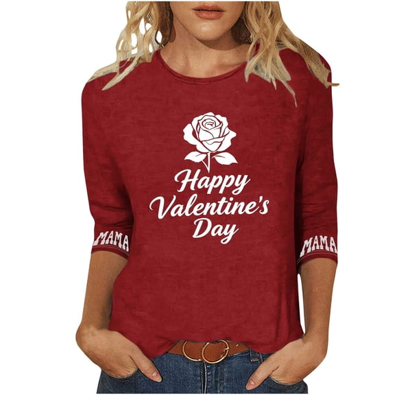 Amidoa Valentines Tops for Women Red Plus Size 3/4 Sleeve Blouses Graphic Going out Crewneck Tee Women T Shirt XXXXXL