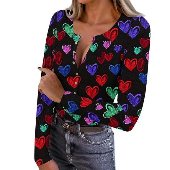 Amidoa Valentines Womens Tops Knit Black Cute Tunic Heart Buttons Colorful Slim Fit Tops Ladies Sweatshirts XL