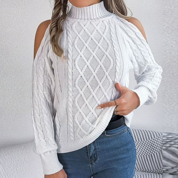 Amidoa White Sweater Tops for Women Cable Knit Off the Shoulder Long Sleeve Cutout Fall Sweaters Women's Cardigans L