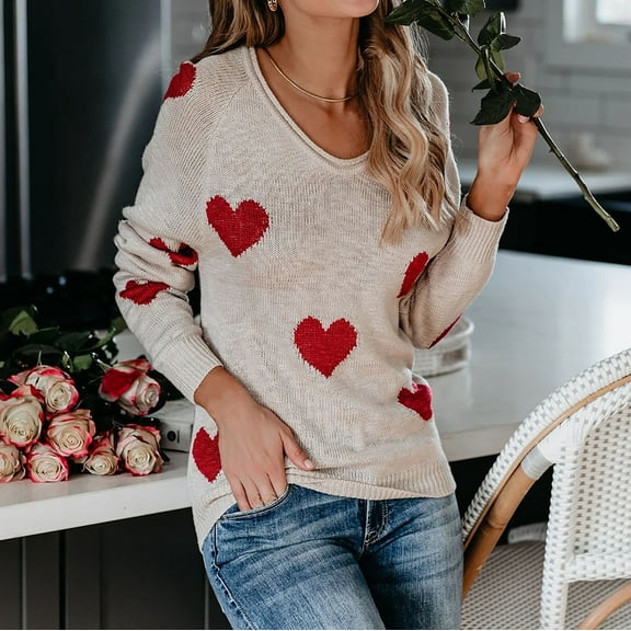 Amidoa White Sweaters for Women V-Neck Valentines Long Sleeve Long Heart Lightweight Sweaters Womens Sweaters XL