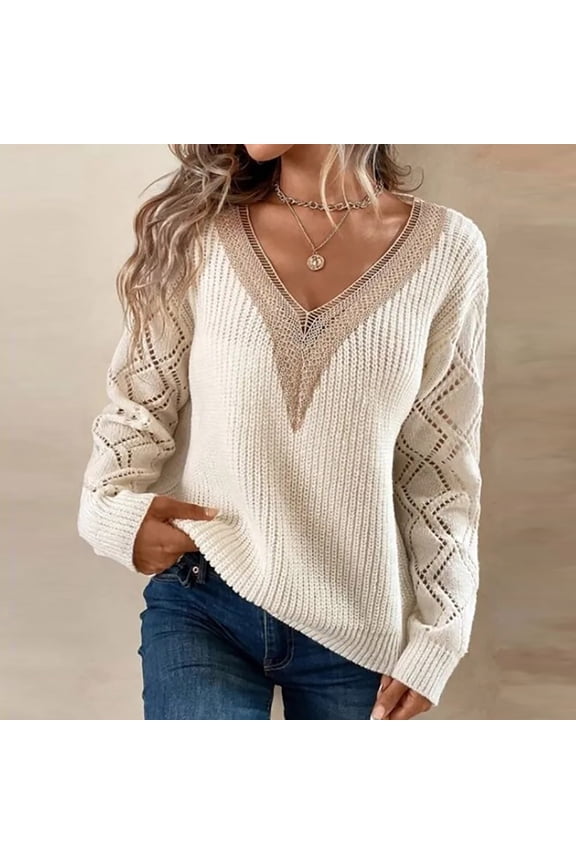White Womens Sweaters Long Sleeve Plus Size V-Neck Fringe Crochet Cutout Colorblock Sweaters Womens Sweaters S