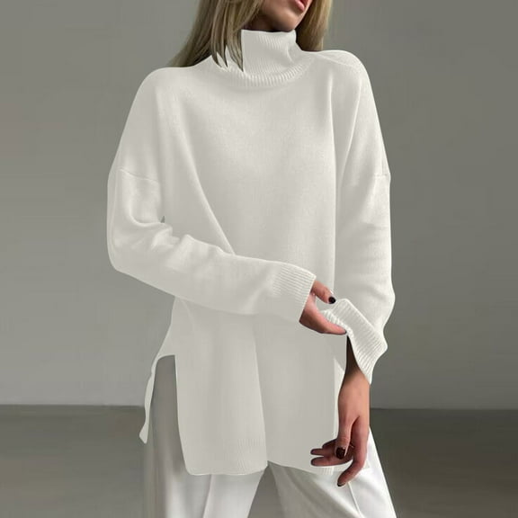 Amidoa White Womens Sweaters Turtleneck Long Sleeve Long Chunky Side Split Sweaters Womens Cardigans Free Size