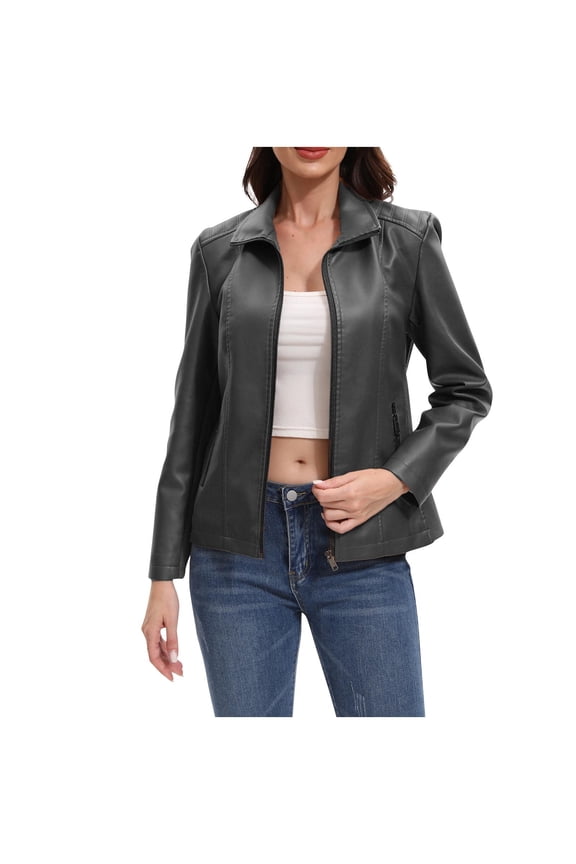 Windbreaker Womens Coats Zipper Faux Leather Black Jackets Fashion Long Sleeve Collared Outwear Women Jacket L
