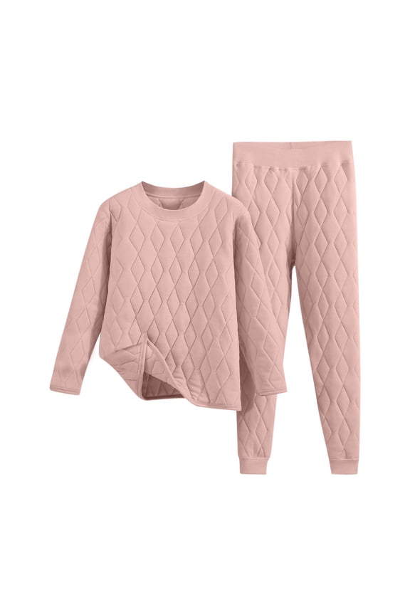 Winter Ladies Pajamas Puffer Pink Slim-Leg Pants Thicken Solid Quilted Underwear Track Suits for Women Set M