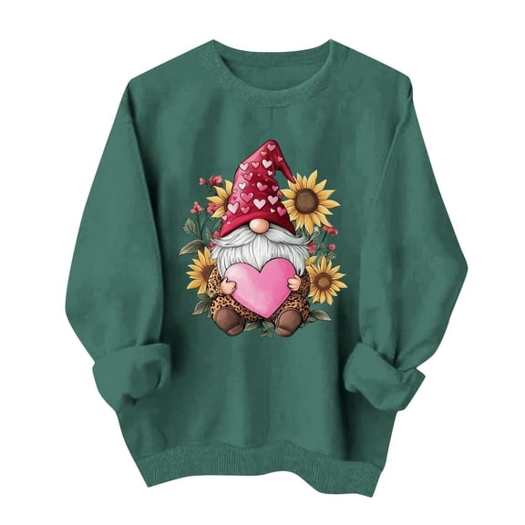 Amidoa Winter Ladies Tops Green Valentines Day Cute Long Sleeve Sweatshirts Oversized Graphic Tshirts Womens Shirt XS