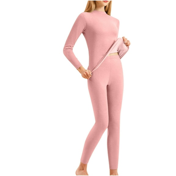 Amidoa Winter Womens Set Pink Seamless Slim-Leg Pants Solid Mock Neck Shirt Underwear Track Suits for Women Set L