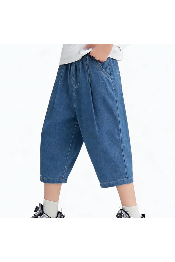 With Pockets Girls Jeans Elastic Waist Straight Leg High Waist Denim Pants,Blue,Size 3