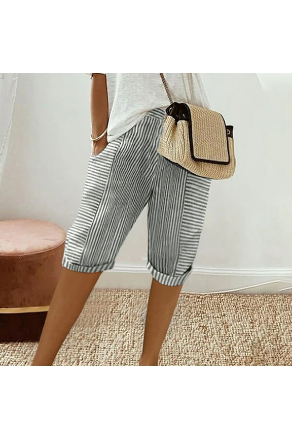 Woman Pants Roll Cuff Striped Print Capris Sweatpants for Women