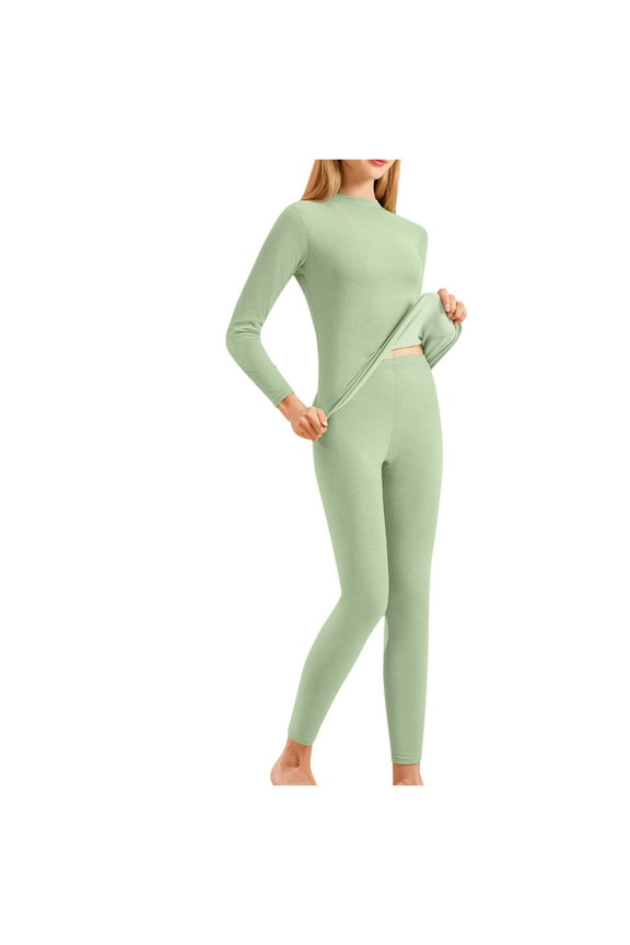 Women Pajamas Winter Green Mock Neck Shirt Seamless Solid Slim-Leg Pants Underwear Womens Sweat Suit M