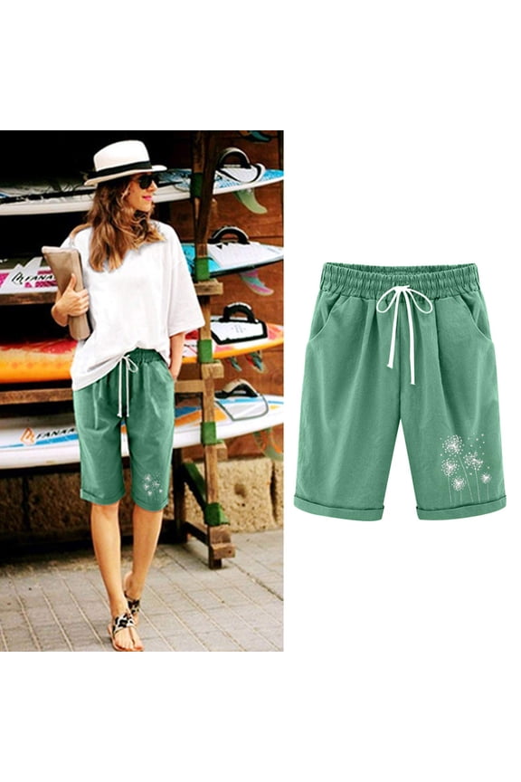 Women Pants High Rise Drawstring Pockets Cotton Blend Graphic Print Capris Womens Jeans