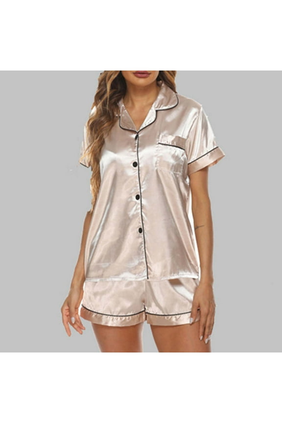 Women Pj Sets Summer Short Sleeve Lapel Collar Solid Sweat Suit Juniors Pajama Pants