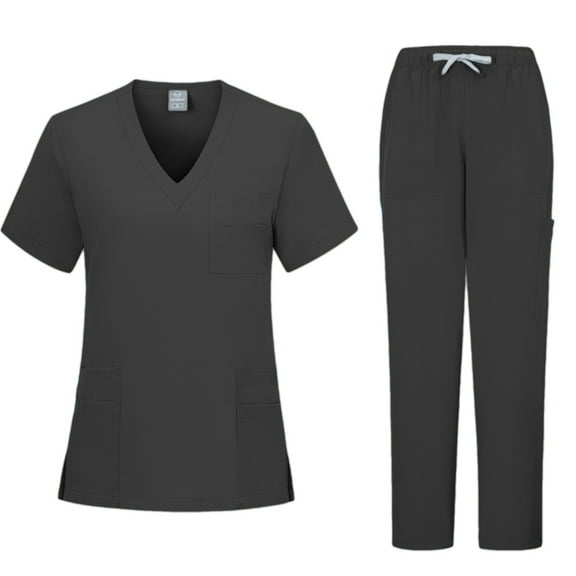 Amidoa Women Scrubs Sets V-Neck Black Nurse Uniform Drawstring 4 Pockets Straight Leg Workout Sets for Women XL