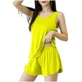 thumbnail image 1 of Amidoa Women Sets Sheer Sleeveless Yellow Elastic Waist Shorts Ruffle Tank Solid Summer Outfits Womens Sweatsuits XXL, 1 of 5
